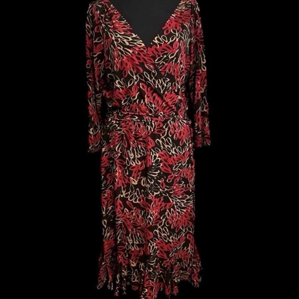 London Style Black Midi Wrap Dress with Red and Cream Leaf Print